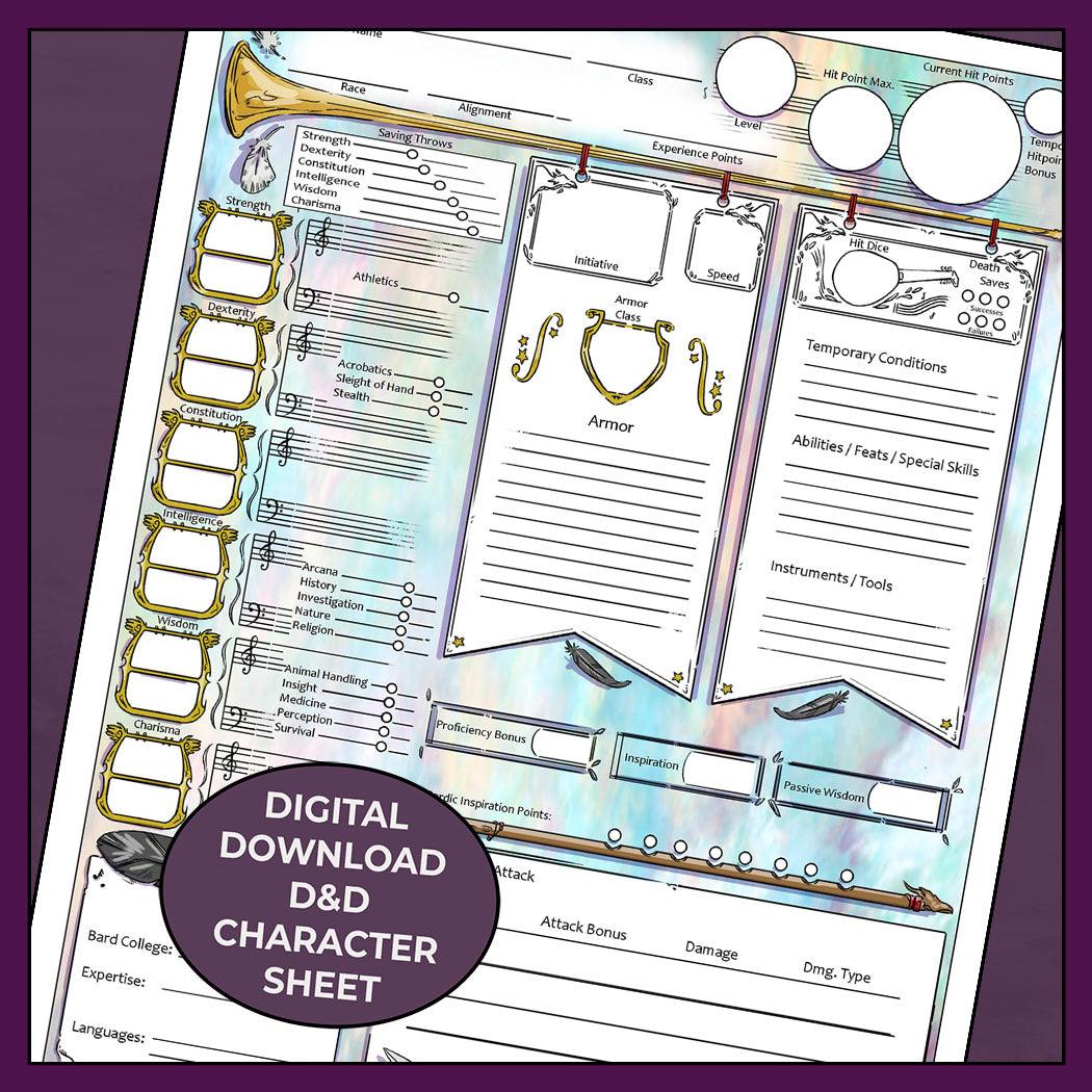 D&amp;D 5e Bard Character Sheet, A Bards Adventure - Fillable PDF
