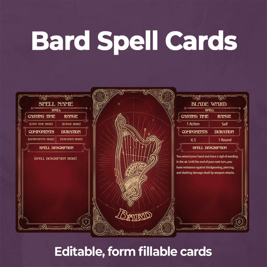 Bard D&D 5e Spell Card, Printable Fillable PDF