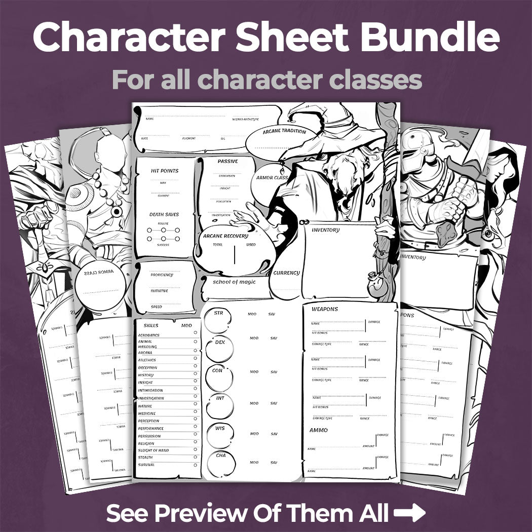 D Amp D 5e Character Sheet Bundle All Classes Noir