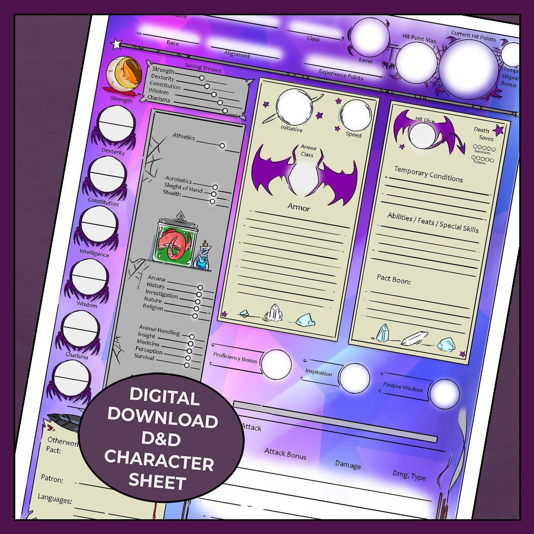 D&amp;D 5e Warlock Character Sheet, Otherworldly Warlock - Fillable PDF