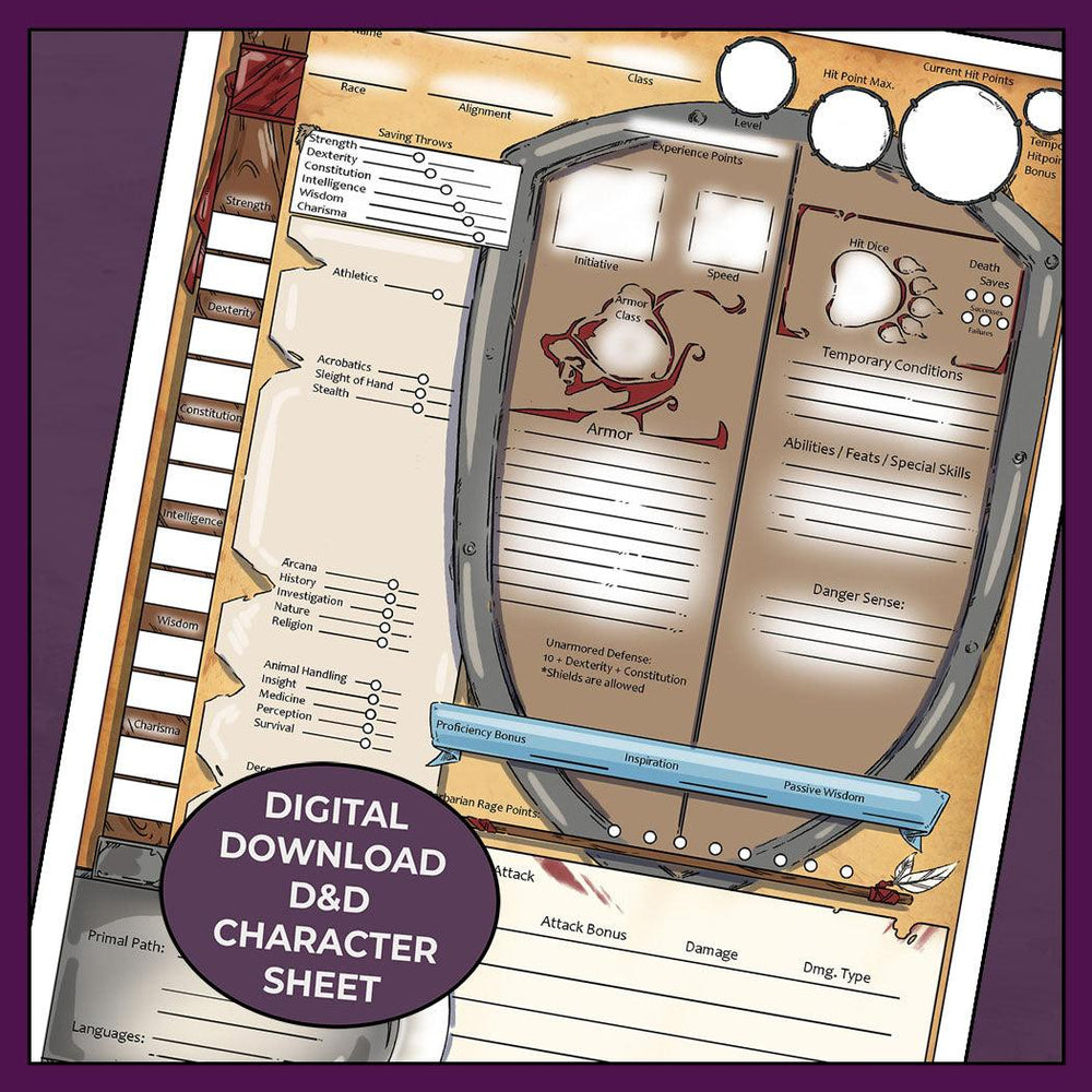 D&D 5e Barbarian Character Sheet, Barbarian Rage - Fillable PDF