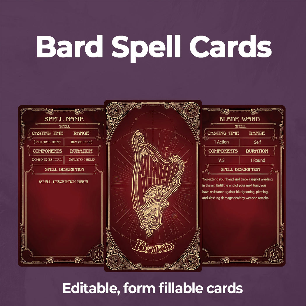 Bard D&D 5e Spell Card- Printable, Fillable PDF