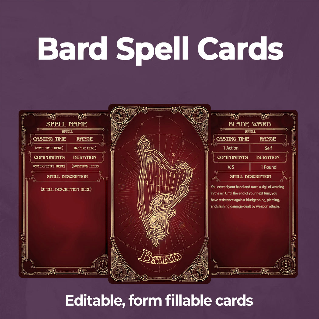 Bard Spell Cards - D&D 5e Spell Cards - Fillable PDF – Armor Class Bard Spell Cards - D&D 5e Spell Cards - Fillable PDF – Armor Class