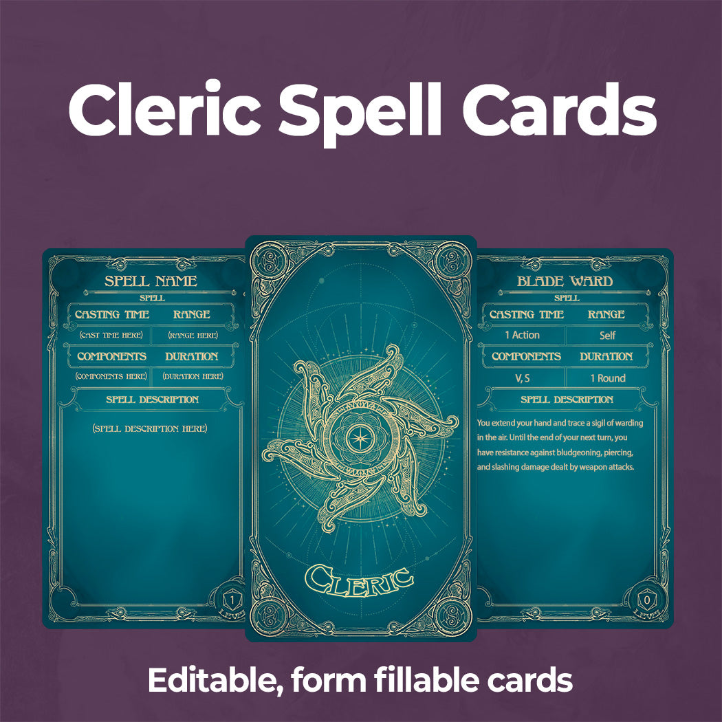 Cleric D&D 5e Spell Card, Printable Fillable PDF