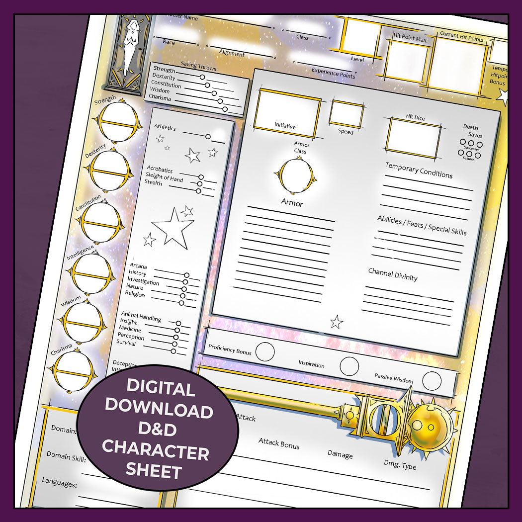 Divine Cleric - 5e Cleric Character Sheet, Fillable PDF