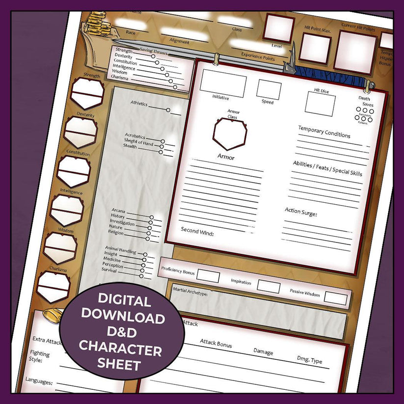 D&D 5e Fighter Character Sheet, Indomitable Fillable PDF Armor Class