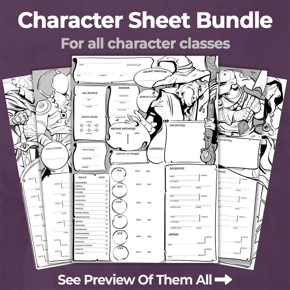 D Amp D 5e Character Sheet Bundle All Classes Noir