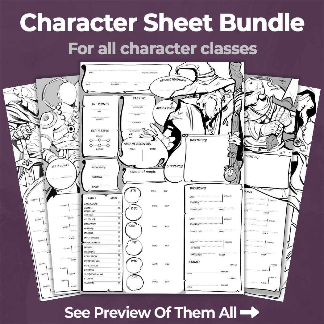Noir | D&D 5e Character Sheet Bundle - All Classes
