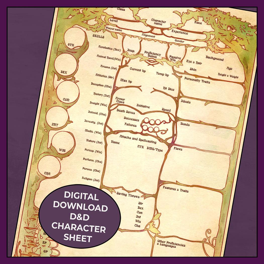 D&D 5e Druid Character Sheet, Sacred Woods - Fillable PDF d-d-5e-druid-character-sheet-sacred-woods-fillable-pdf