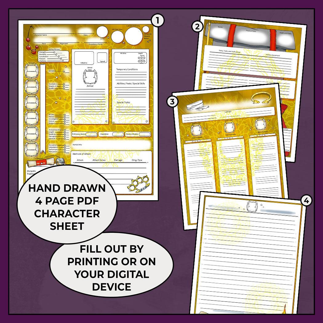 D&D 5e Monk Character Sheet, Unarmed Monk Fillable PDF Armor Class