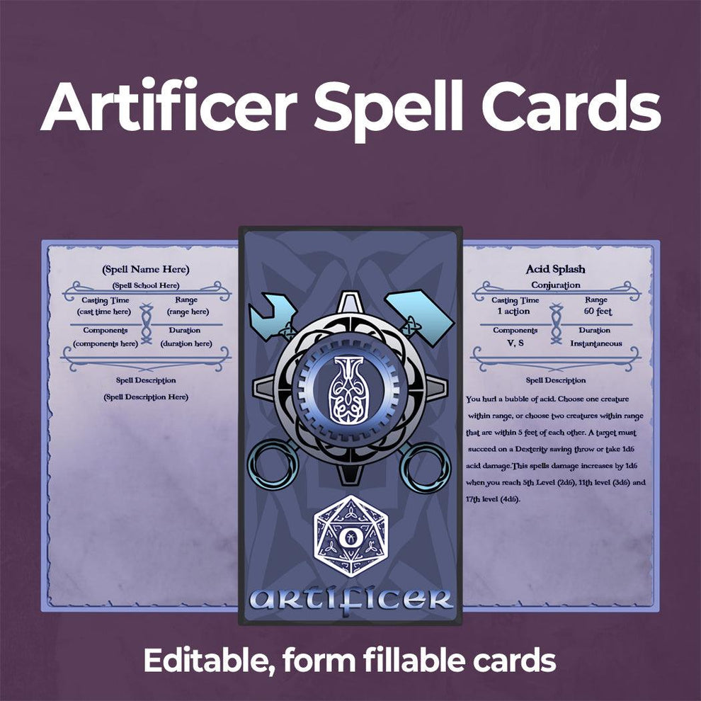 Artificer Spell Cards D&D 5e Spell Cards Fillable PDF Armor Class