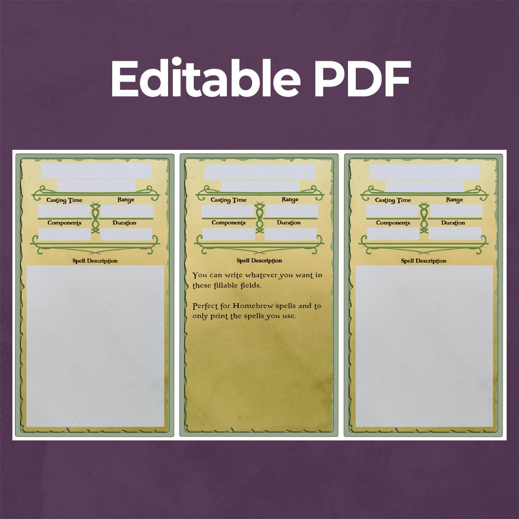 Druid Spell Cards - Form Fillable Blank PDF - Armor Class